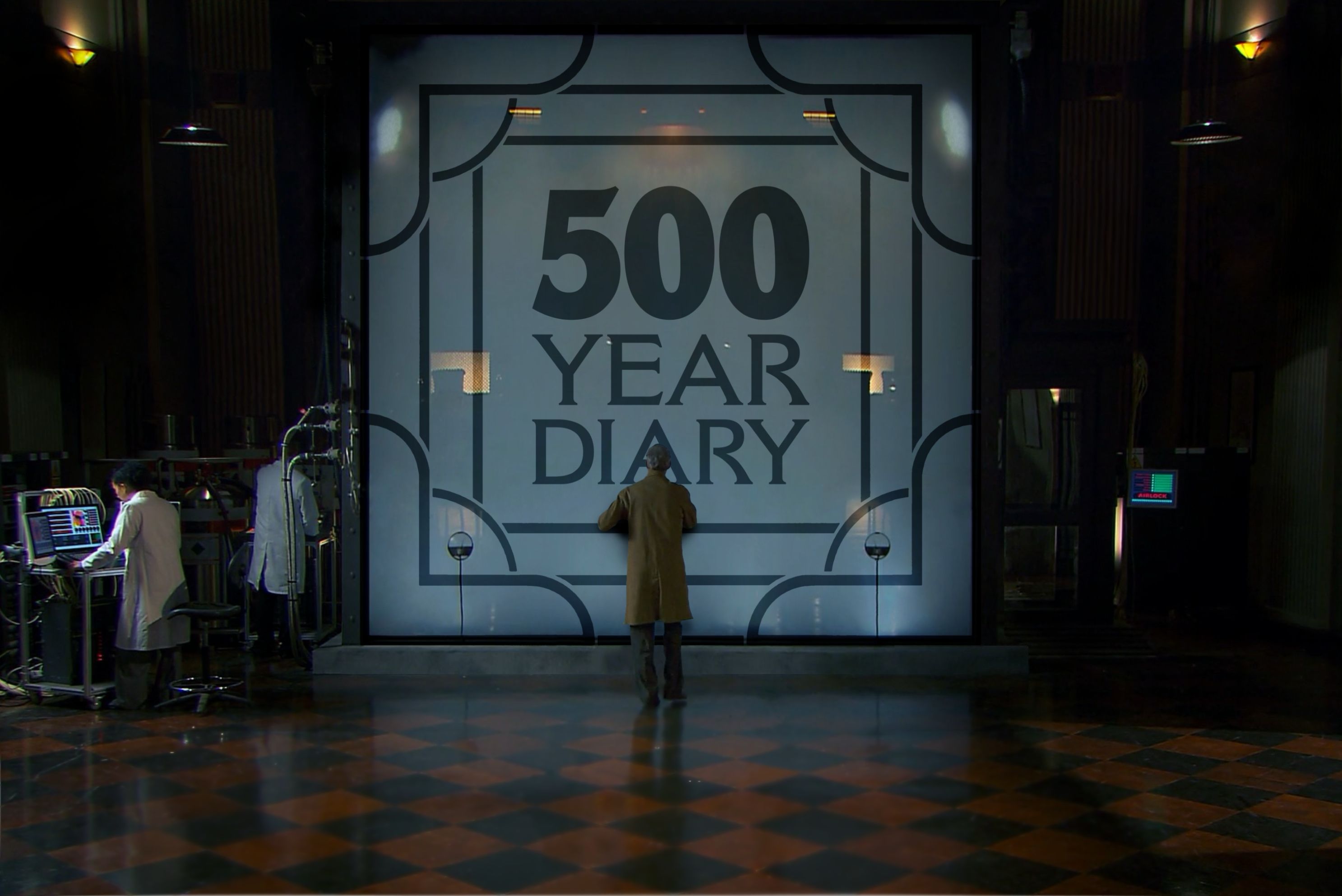 The tank for the 456 on Floor 13 of Thames House. It's huge, flanked by computer screens and white coated technicians. The inside is glowing blue. A man in a fawn coat is pressed up against the glass, peering into the smoke. The glass of the tank is stylishly frosted with the 500 Year Diary logo.